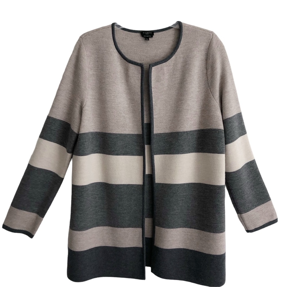 Talbots Gray Tan Cream Stripe Merino Wool Long Cardigan LP